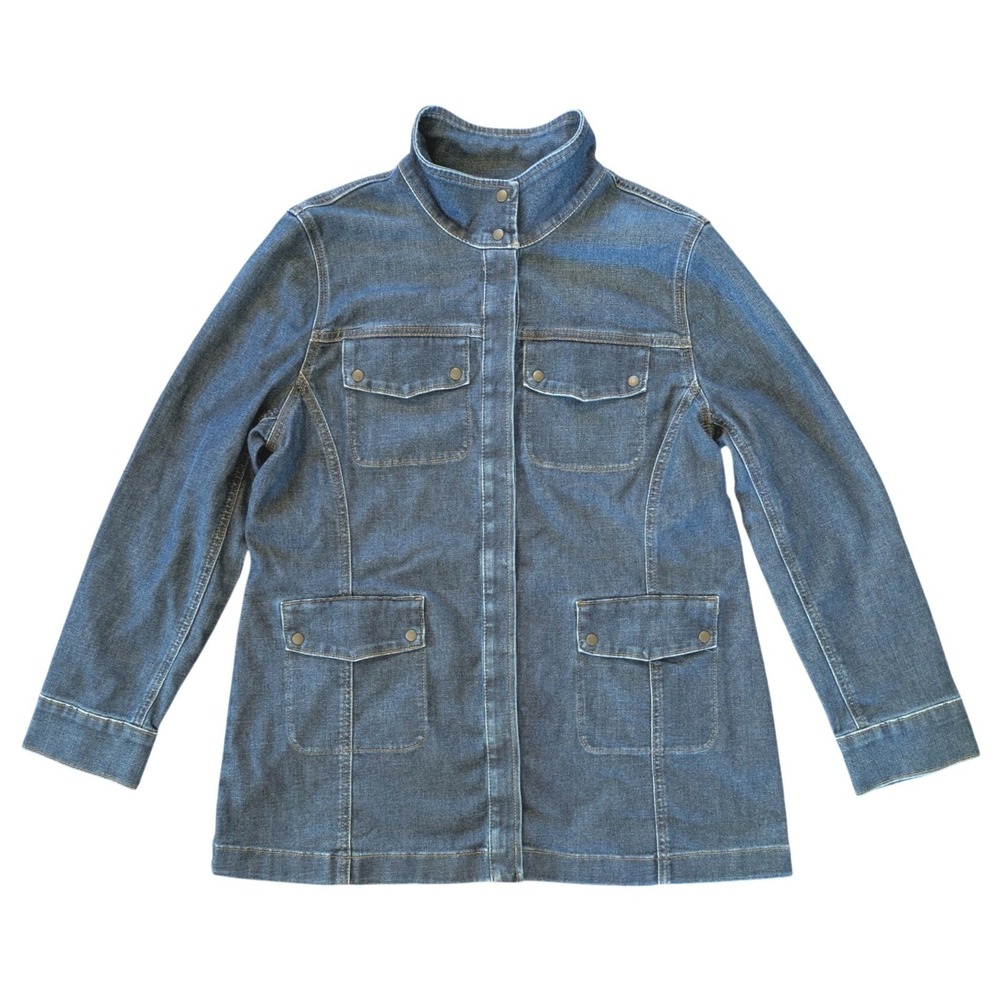 Chicos Blue Denim Field Jacket Stand Collar Snap Utility Coat Size 2 L 12/14